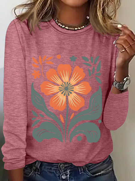 Retro Floral Casual Long Sleeve Shirt, Watermelon, Long sleeves