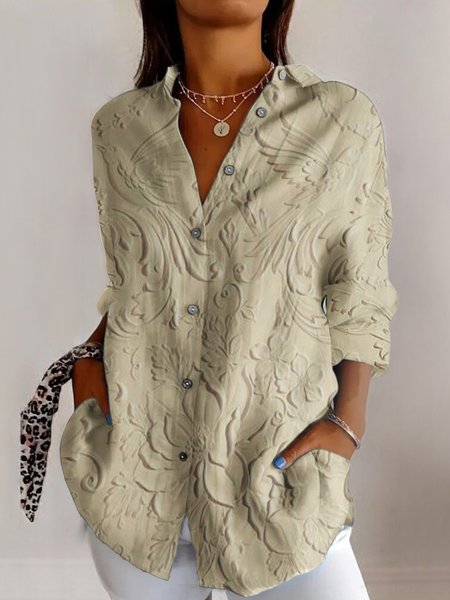 

Shirt Collar Long Sleeve Geometric Regular Micro-Elasticity Regular Fit Shirt For Women, Light khaki, Shirts