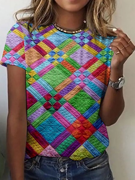 

Multi colored geometric grid short sleeved T-shirt, Multicolor, T-shirts
