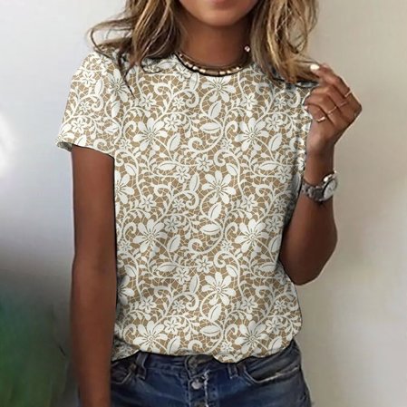 Lace floral short sleeved T-shirt, Khaki, T-shirts