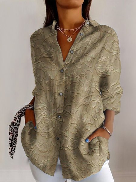 

Shirt Collar Long Sleeve Geometric Regular Micro-Elasticity Regular Fit Shirt For Women, Khaki, Shirts