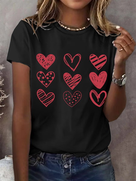 

Casual Heart/Cordate Crew Neck Short Sleeve T-shirt, Black, T-shirts