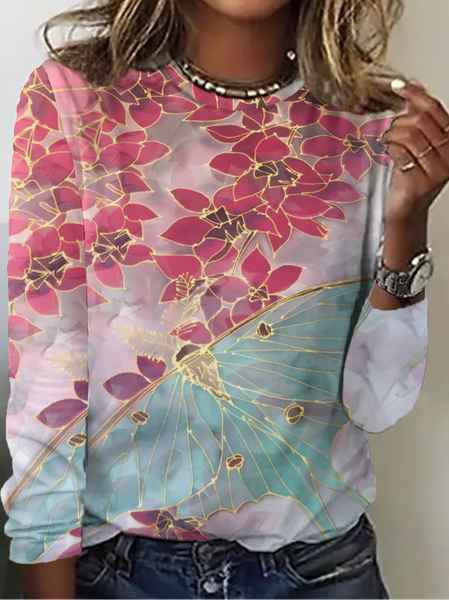 

Casual Floral Crew Neck Long Sleeve T-shirt, As picture, T-shirts