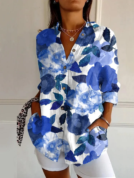 

Shirt Collar Long Sleeve Floral Buckle Regular Loose Button Up Shirt Shirt For Women, Blue, Blouses