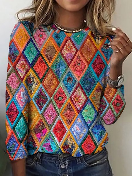 

Multi colored angular checkered floral long sleeved T-shirt, Blue, Long sleeves