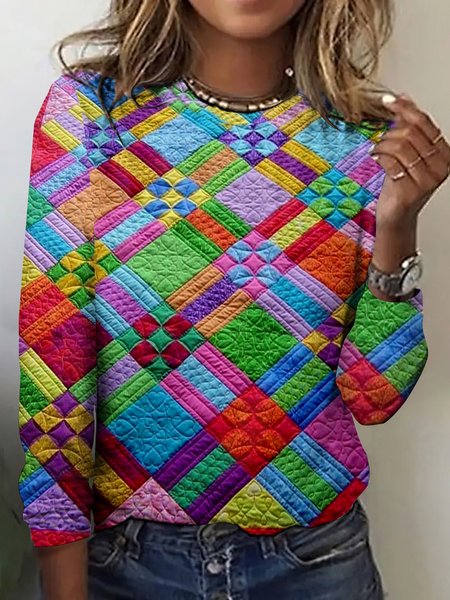 

Vintage Plaid Crew Neck Long Sleeve T-shirt, Multicolor, T-shirts