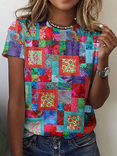 

Retro multi-color geometric grid floral short sleeved T-shirt, Blue, T-shirts