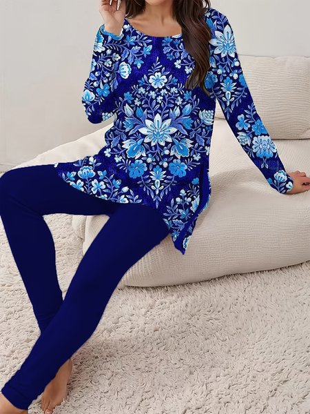 

Women's Jersey Floral Daily Going Out Two Piece Set Long Sleeve Casual Spring/Fall Top With Pants Matching Set, Deep blue, Suit Set