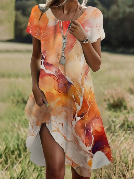 

Abstract Print Short Sleeve Crew Neck Dress, Orange, Dresses