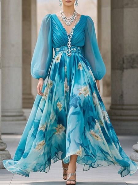 

Vacation Floral V Neck Maxi Dress, Blue, Maxi Dresses