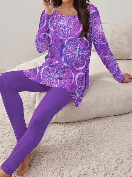 

Women's Floral Daily Going Out Two Piece Set Long Sleeve Casual Spring/Fall Top With Pants Matching Set, Purple, Suit Set