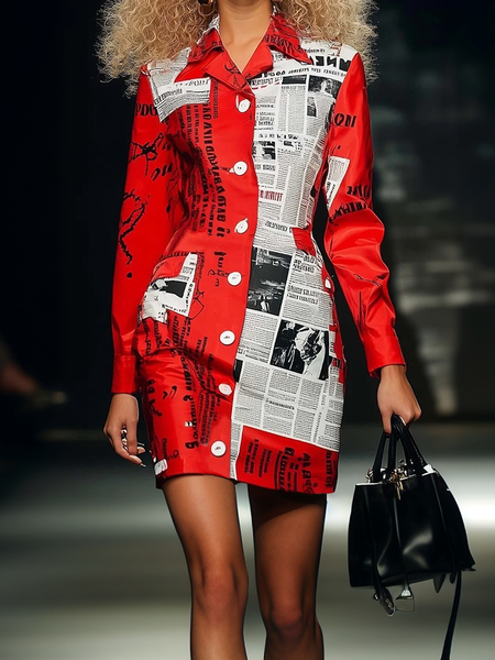 

Urban Newspaper Mini Shirt Dress, As picture, Mini Dresses