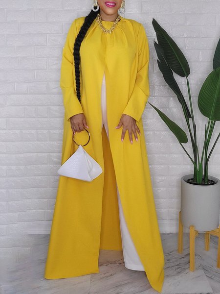 Vacation Plain Crew Neck Blouse, Yellow, Blouses and Shirts