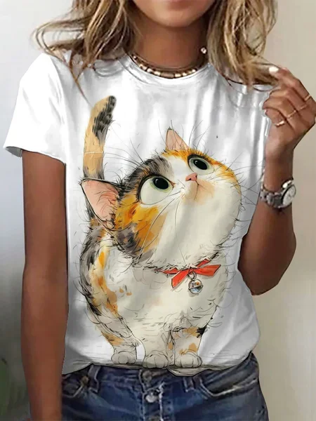 

Cat Print Short Sleeve Crew Neck T-Shirts, White, T-shirts