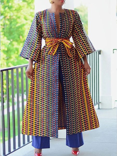 

Urban Abstract Crew Neck Kimono With Belt, As picture, Kimonos