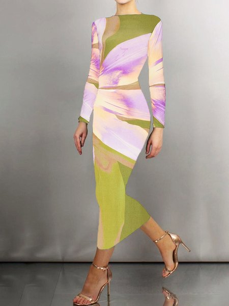 Urban Floral Printing Crew Neck Maxi Dress, Green, Midi Dresses