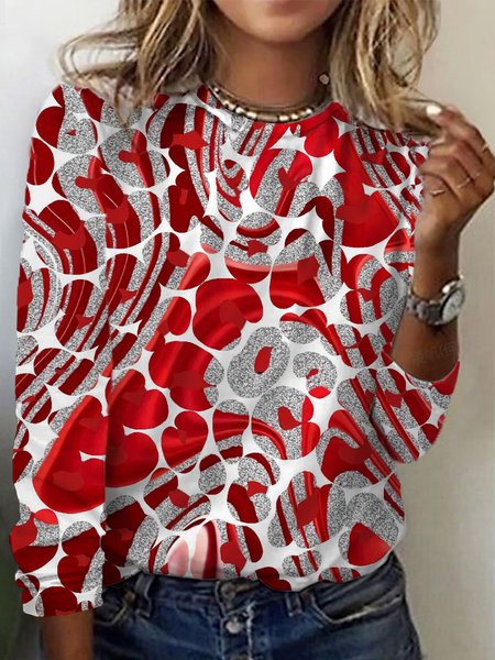 

Casual Heart/Cordate Crew Neck Long Sleeve T-shirt, Red, T-shirts