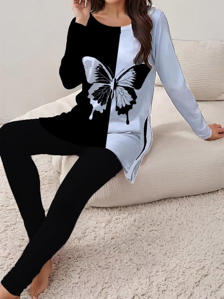 

Women's Jersey Butterfly Daily Going Out Two Piece Set Long Sleeve Casual Spring/Fall Top With Pants Matching Set, Black-white, Suit Set