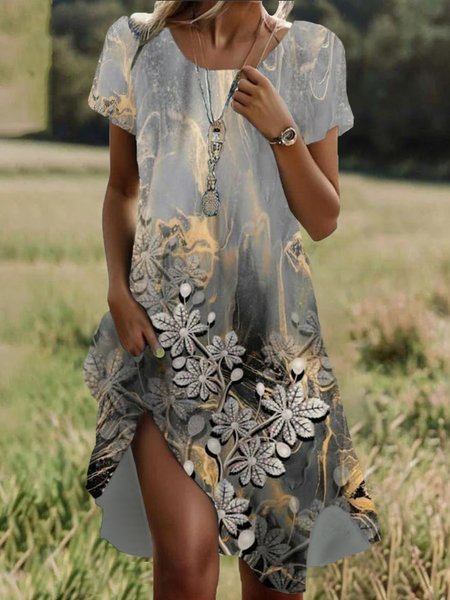 

Women's Short Sleeve Summer Floral Dress Crew Neck Daily Going Out Casual Midi H-Line T-Shirt Dress, Gray, Dresses