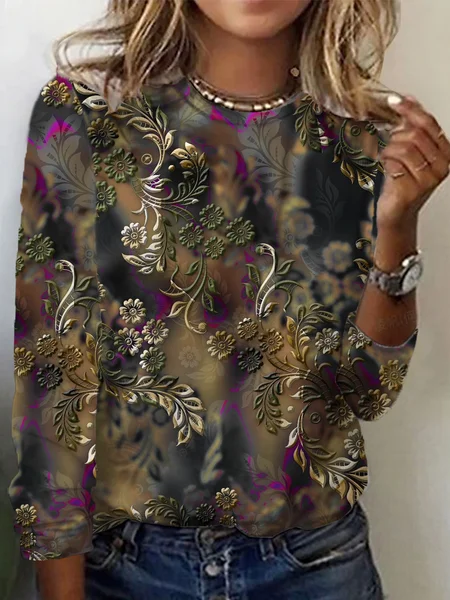 Floral Print Long Sleeve Crew Neck T-shirt, Black, Long sleeves