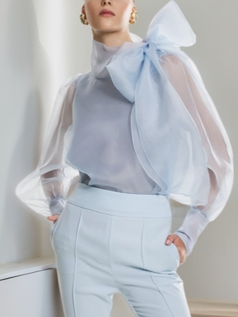 Urban Plain Bow Stand Collar Blouse, Blue, Blouses and Shirts