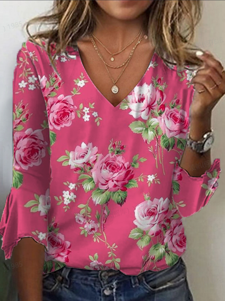 Casual Floral V Neck Half Sleeve T-shirt, Pink, T-shirts