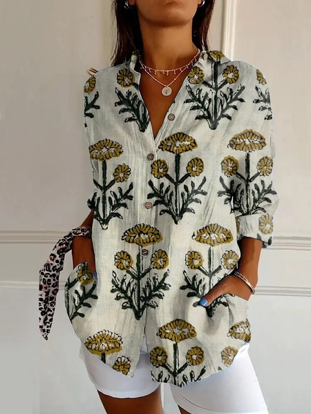 Shirt Collar Long Sleeve Floral Buckle Regular Loose Button Up Shirt Shirt For Women, As picture, Blouses