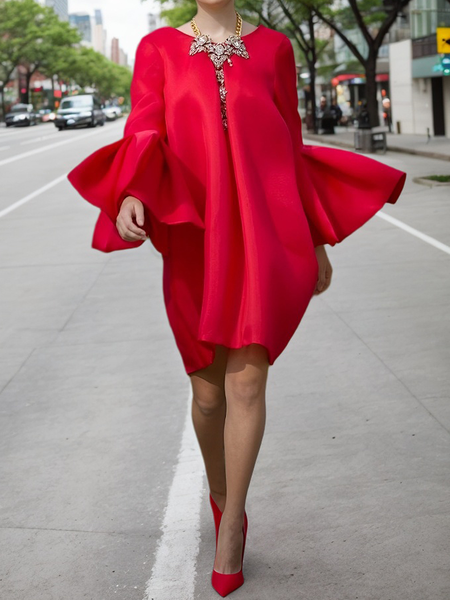 Elegant Plain Bell Sleeve Mini Dress, Red, Mini Dresses