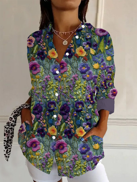 

Shirt Collar Long Sleeve Floral Buckle Regular Loose Button Up Shirt Shirt For Women, As picture, Blouses