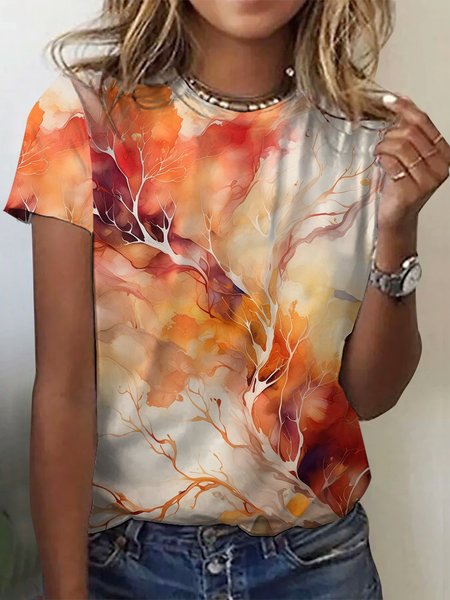 Abstract Print Short Sleeve Crew Neck T-Shirts, Orange, T-shirts