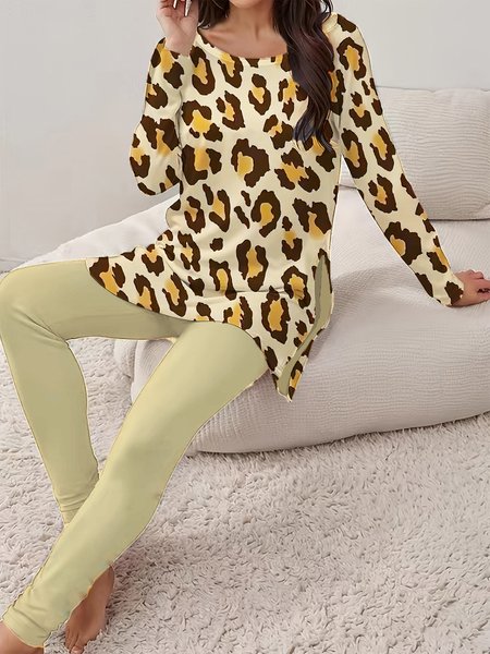 

Women's Leopard Daily Going Out Two Piece Set Long Sleeve Casual Spring/Fall Top With Pants Matching Set, Yellow, Suit Set