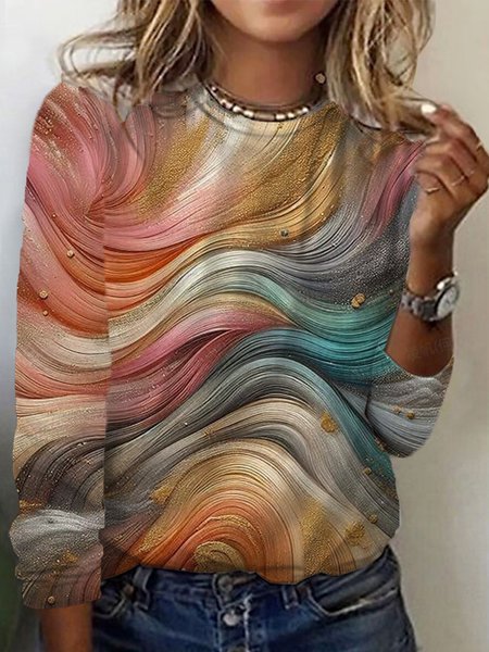 Abstract Print Long Sleeve Crew Neck T-shirt, Multicolor, Long sleeves