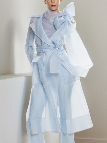 Urban Plain Buttoned Lapel Collar Kimono With Belt, Blue, Kimonos
