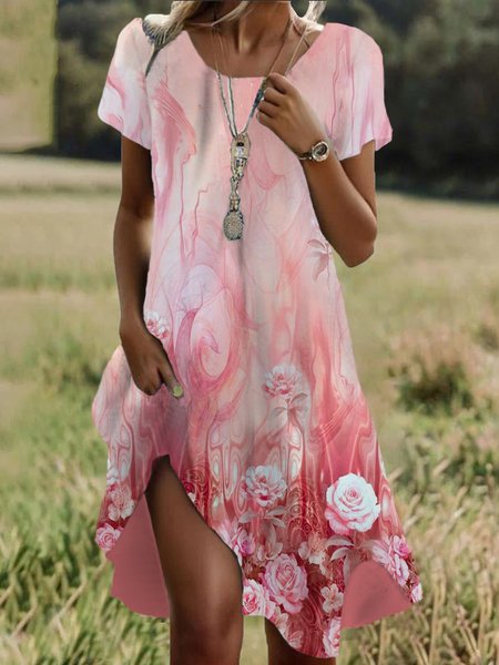 

Floral Print Short Sleeve Crew Neck Dress, Pink, Dresses