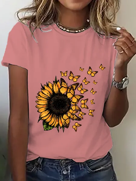 

Cute Sunflower Butterfly Graphic Cotton T-Shirt, Orange pink, T-shirts