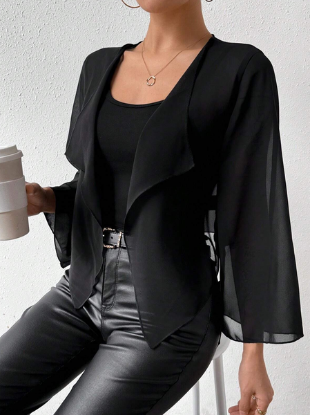 

Elegant Plain Shawl Collar Bell Sleeve Kimono, Black, Kimonos