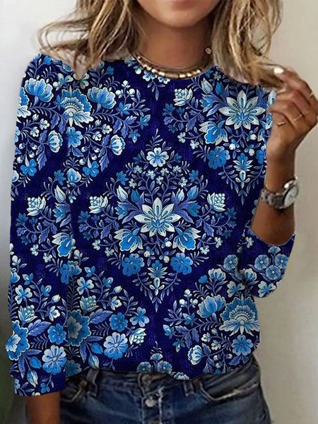 

Women's Long Sleeve Tee T-shirt Spring/Fall Floral Crew Neck Casual Top, Deep blue, T-Shirts
