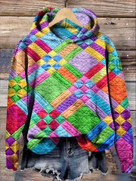 

Colorful Checkered Print Casual Hoodie Sweatshirt, As picture, Hoodies&Sweatshirts