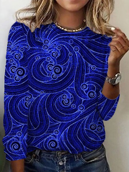 Casual Abstract Crew Neck Long Sleeve T-shirt, Blue, T-shirts