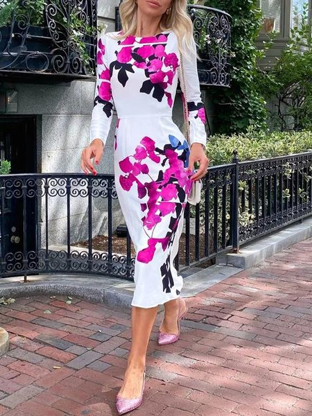 Elegant Floral Printing Crew Neck Midi Dress, White, Midi Dresses