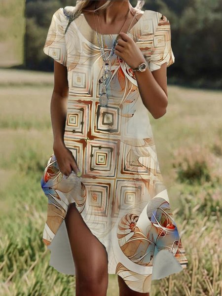 

Women Floral Crew Neck Short Sleeve Comfy Casual Midi Dress, Apricot, Dresses