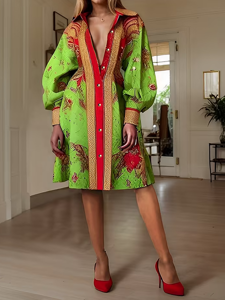 Urban Random Print Shirt Collar Knee Length Dress, As picture, Midi Dresses