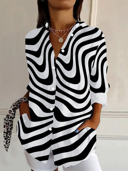 

Shirt Collar Long Sleeve Striped Buckle Regular Loose Button Up Shirt Shirt For Women, As picture, Blouses