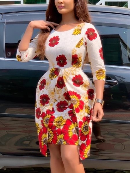 

Elegant Floral Printing Crew Neck Knee Length Dress, As picture, Mini Dresses