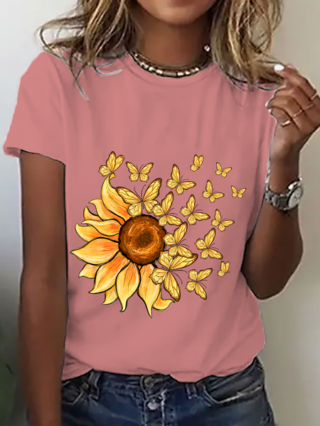 Sunflower Butterfly Cotton T-Shirt, Orange pink, T-shirts