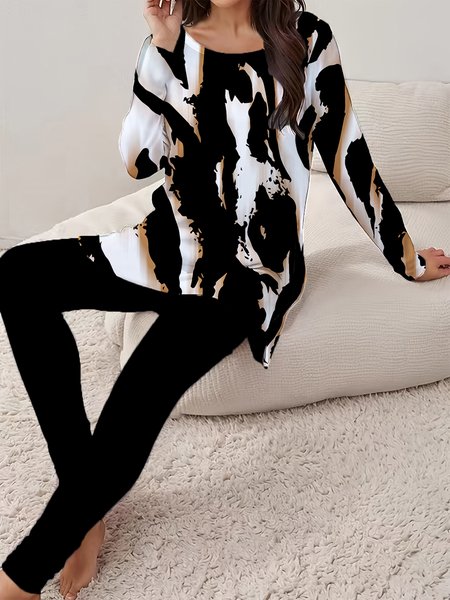 

Women's Jersey Zebra Daily Going Out Two Piece Set Long Sleeve Casual Spring/Fall Top With Pants Matching Set, Black, Suit Set