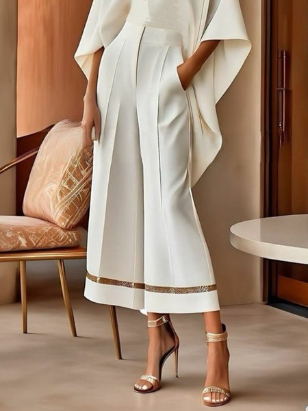 

Elegant Plain Webbing Fashion Pants, Off white, Pants