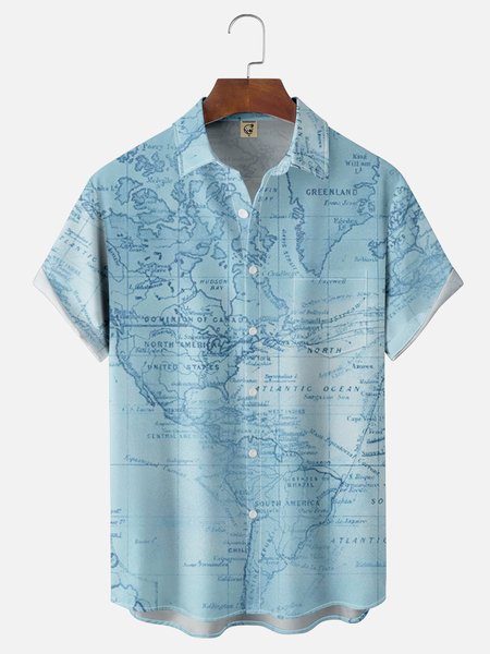 Mens Navigation Map Printed Casual Short Sleeve Shirt SHORT SLEEVE SHIRTS