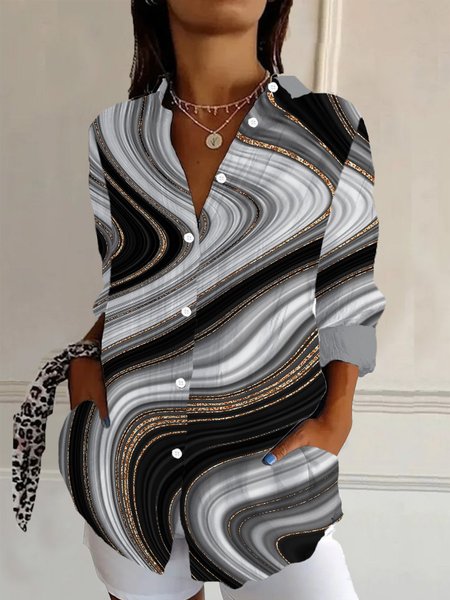 

Abstract Print Long Sleeve Shirt, Gray, Blouses