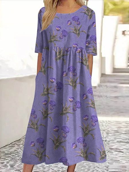 

Women Floral Crew Neck Three Quarter Sleeve Comfy Casual Maxi Dress, Light purple, Maxi